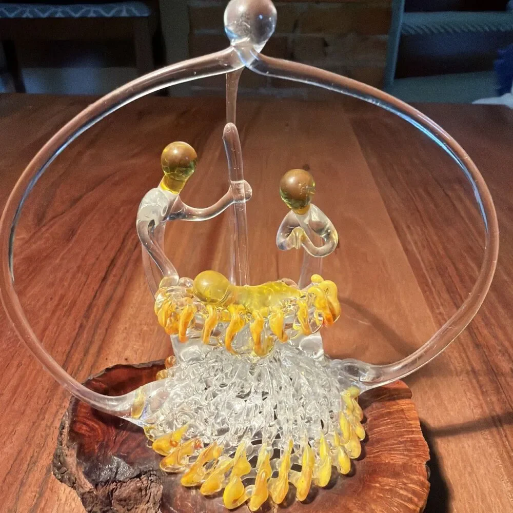 Vintage Spun Lamp Glass Nativity Scene On Live Edge Wood Block- 5.5”x4.5”